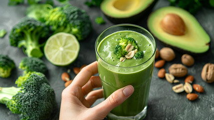 Hand holds green smoothie in glass. Healthy eating concept: green vegetables on rustic table,
