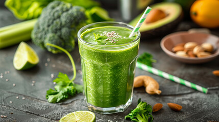 Healthy green smoothie in a glass. Detox diet concept: green vegetables on rustic table,