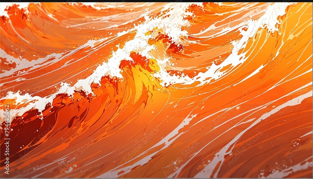 Wall mural orange water waves art anime cartoon style background from Generative AI