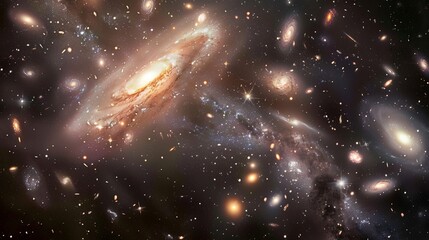 Fototapeta premium Within the cosmic arena, the close proximity of dwarf galaxies and globular clusters adds a layer of complexity to the cosmic tapestry, enriching our understanding of the universe's vastness.