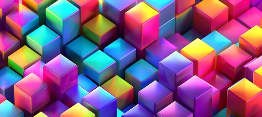 Vibrant Cubic Holographic Patterns: Multicolored Background for Ultrawide Banners