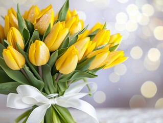 Obraz premium Huge yellow tulips with ribbon bow on glitter and bokeh background with copy space