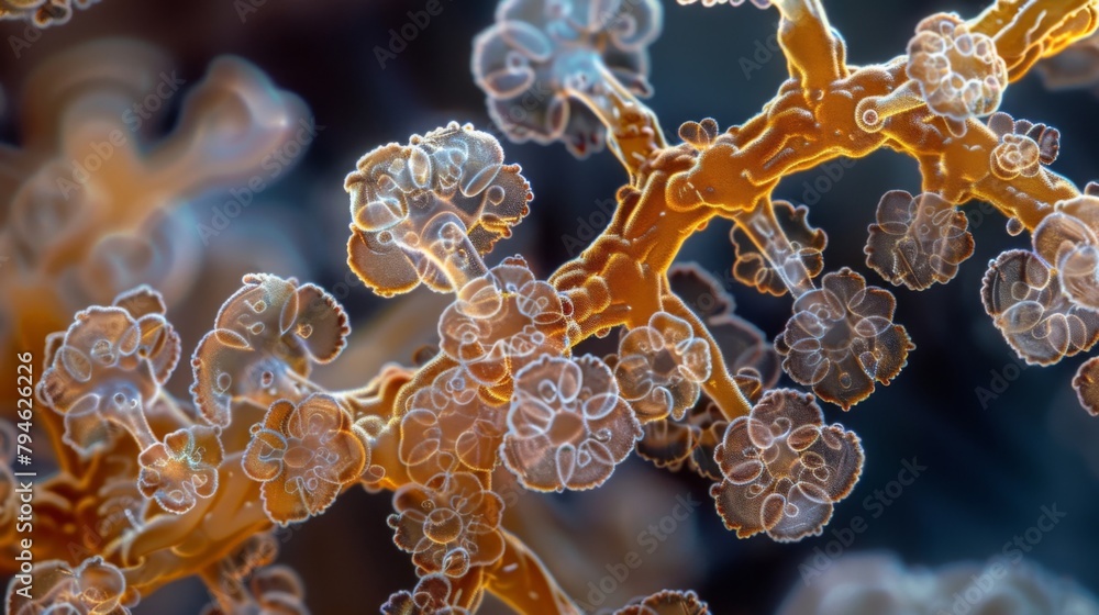 Poster a magnified image of a single fungal spore revealing the intricate network of tiny filaments that ma