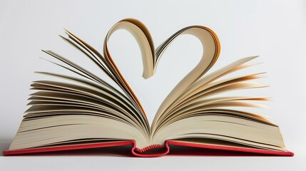 View of book page and folds with open shape of heart on white background