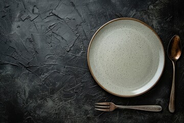Obraz na płótnie Canvas Empty ceramic round plate on dark textured concrete background. Cutlery, preparation for dinner - generative ai