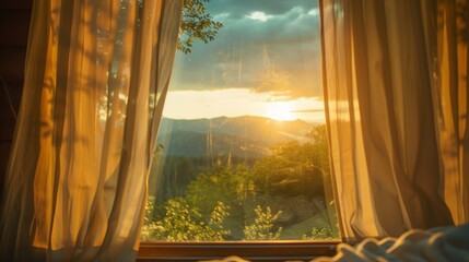 The sun peeks through the curtains signaling the start of a new day in the mountains. The stillness of the morning is only broken by the soothing sound of a nearby waterfall 2d flat cartoon.