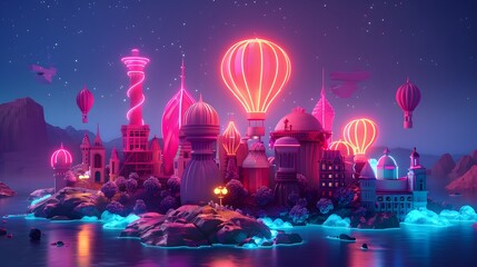 Neon-lit fantasy landscape with glowing hot air balloons over an enchanted island city at night
