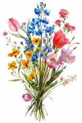Obraz na płótnie Canvas Vivid watercolor clipart of spring floral bunch, white background --ar 2:3 Job ID: 478af2f1-88f8-4c89-8101-6e87a72e7148