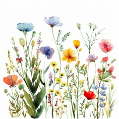 Lush watercolor wildflower spread, summer vibe, white isolated background --ar 1:1 Job ID: 28609ff8-b72c-42c2-8972-b03edfc28db0