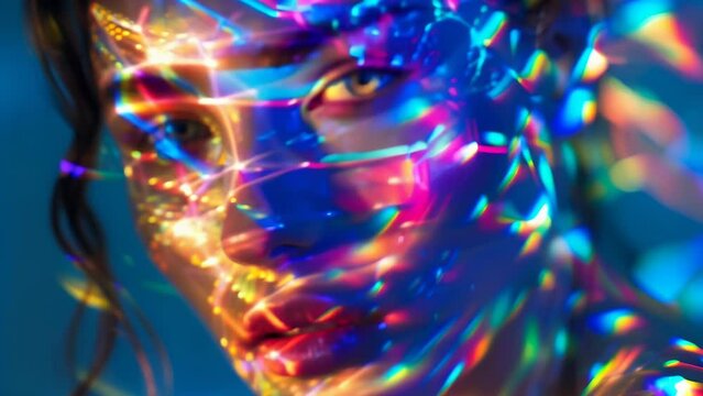 Iridescent holographic patterns swirl around a woman's face, fusing futuristic innovation with the exhilarating whirlwind of city life. 