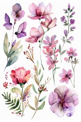 Fototapeta na wymiar Spring floral watercolor collection, vibrant and fresh, isolated on white --ar 2:3 Job ID: f13fc0ce-ea02-43c8-8a3d-ecdd926cd067