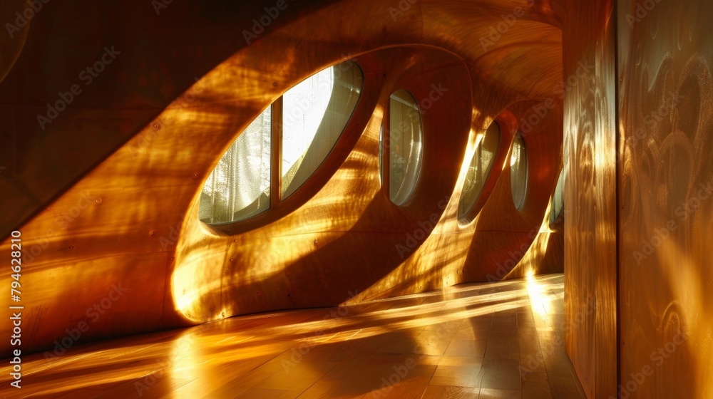 Poster soft golden light streaming through the windows of a pod creating a warm and inviting atmosphere. 2d