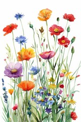 Fototapeta premium Vibrant watercolor wildflower meadow, isolated on white, summer freshness theme