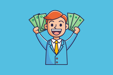 joyful man with banknotes of money vector illustration