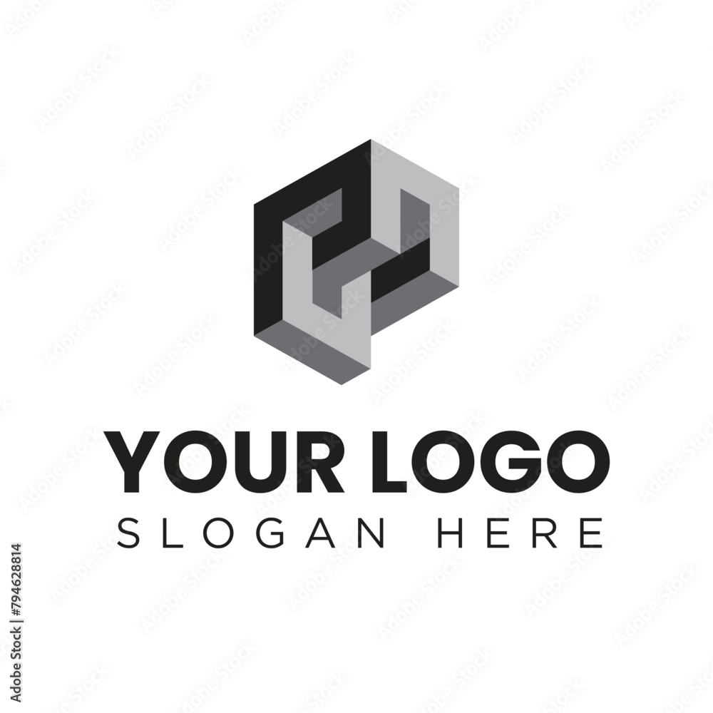 Poster a flat logo of initial letter p in simple block style in grey color on a white background