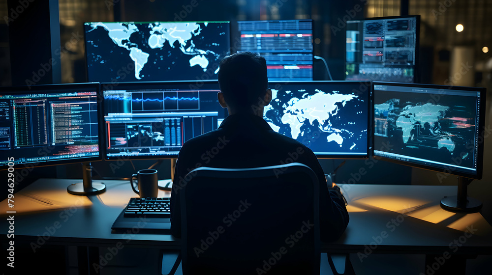 Wall mural A cybersecurity expert monitoring network traffic on multiple screens,