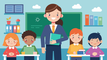 a teacher with pupils in primary school vector illustration