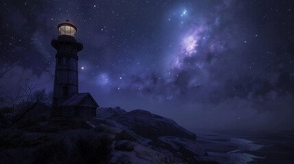 As the stars le in the night sky the only thing to keep you company in this secluded lighthouse is the rhythmic lullaby of the ocean. 2d flat cartoon.
