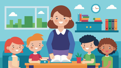 a teacher with pupils in primary school vector illustration