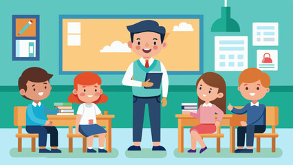 a teacher with pupils in primary school vector illustration