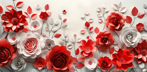 3D paper cut style, red and pink color palette, various rose flowers, white background