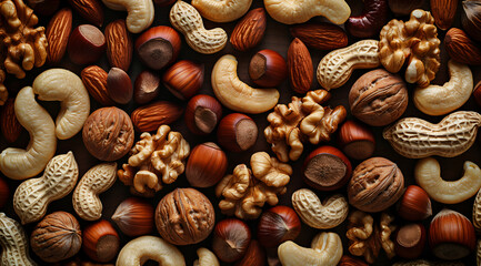 The background is composed of various nuts, including cashews and walnuts. 