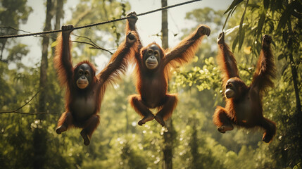 A family of orangutans swinging through the treetops in a preserved rainforest,