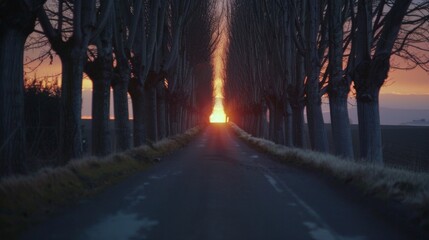 The sun sets over a solitary road lined with rows of trees creating a sense of haunting isolation. . AI generation. - obrazy, fototapety, plakaty