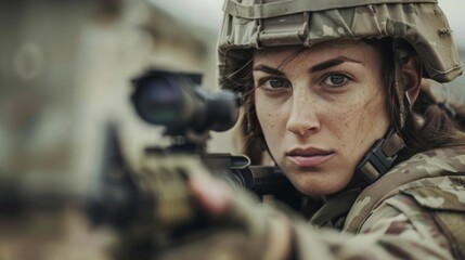 A female soldier inspecting her firearm, her face full of determination