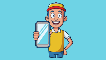 A man is showing with a phone in his hand vector illustration
