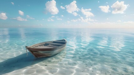  A tranquil beach scene featuring clear blue waters and a charming boat anchored close to the shore, adding to the allure of the coastline. 
