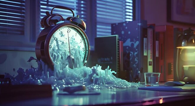 Symbolic image of a clock melting over a workstation, representing time pressure and deadlines