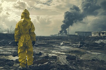 Man wearing gas mask in nuclear radioactive wasteland