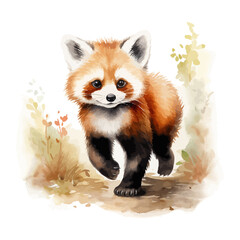 Fototapeta premium Cute red panda cartoon in watercolor painting style