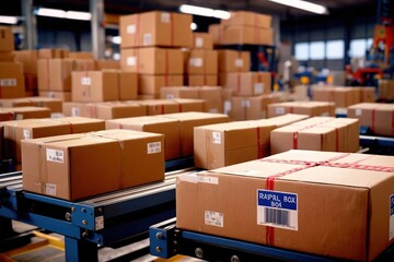 Parcel boxes on conveyor belt in product sorting and shipping facility, manufacturing and delivery logisticsParcel boxes on conveyor belt in product sorting and shipping facility, manufacturing and de