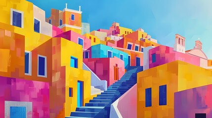 Colorful modern Greek architecture illustration poster background