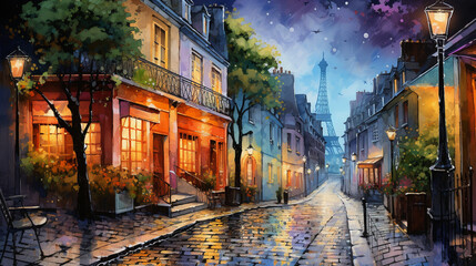 Naklejka premium Historic Montmartre at Night, Paris: Cobblestone streets of Montmartre lit by antique street lamps, providing a nostalgic and serene setting that captures the artistic soul of Paris at night
