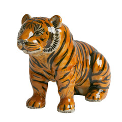 A ceramic toy tiger is neatly displayed against a transparent background