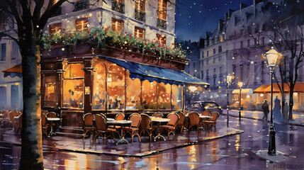 Parisian Street Cafe at Night A quaint Parisian cafe with outdoor seating, softly lit by street lamps and bustling with nighttime diners.