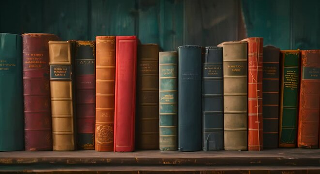 Dark, vintage bookshelf with colorful, antique books lined up