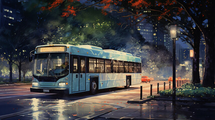 Obraz premium Night Scene at Japanese Bus Stop: A warmly lit bus stop in Japan during the night, with glowing lights and a quiet ambiance, suitable for themes of safety, urban night life, and public transportation