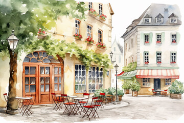 Historic Town with Traditional White Cafe: A historical white cafe with antique architecture in a traditional town, perfect for stock photos that evoke nostalgia and the charm of old-world settings