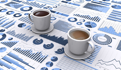 ビジネスチャートとコーヒーカップ、商談イメージ