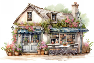 Quaint White Cafe in Charming Town: A cozy white cafe adorned with vibrant flowers, nestled in a quaint town setting, ideal for images evoking warmth, community, and a welcoming atmosphere