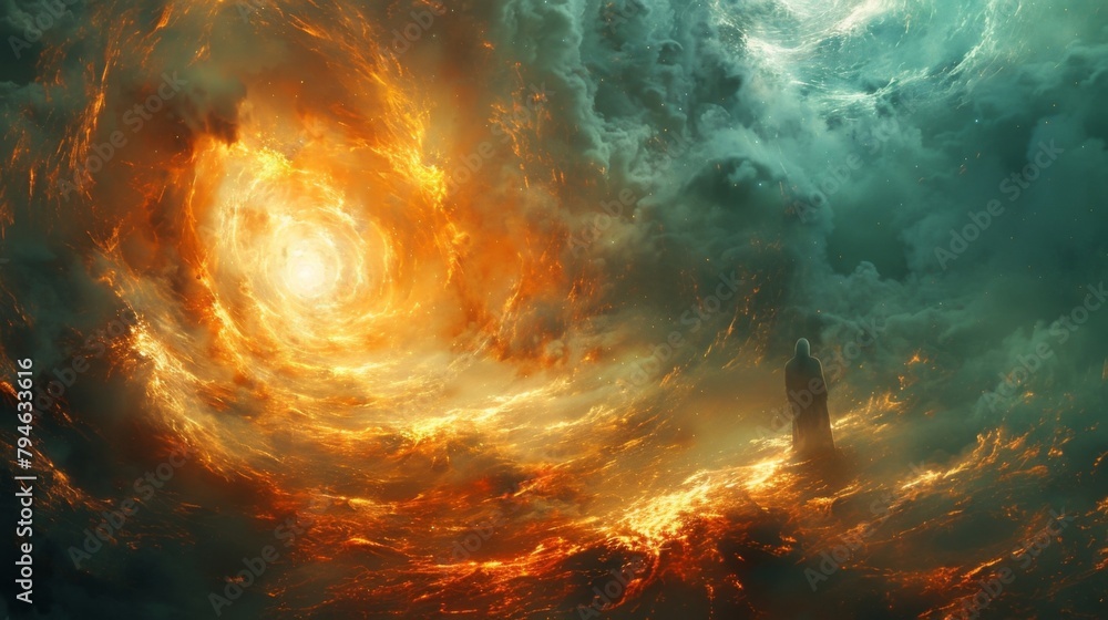 Poster an otherworldly landscape with abstract shapes and patterns as a persons projected form hovers above