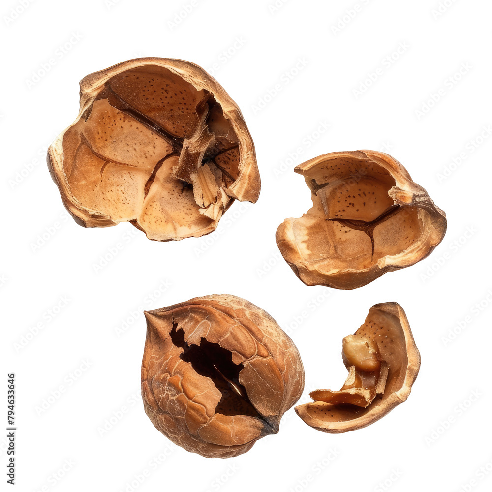 Poster a close up view of isolated empty walnut shells on transparent background
