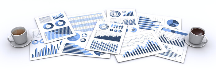 ビジネス資料とコーヒーカップ、商談イメージ
