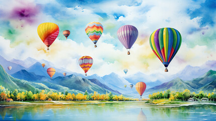 Fototapeta premium Action-Packed Launch at Balloon Festival: Dynamic image of hot air balloons during the busy launch phase, capturing the excitement and bustling activity, perfect for action and adventure-themed photos