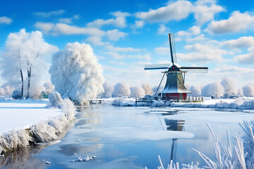 Winter at Windmill, Netherlands A snow-covered traditional windmill under a crisp blue winter sky at Zaanse Schans, ideal for seasonal travel photos expressing the quiet and pristine nature of winter