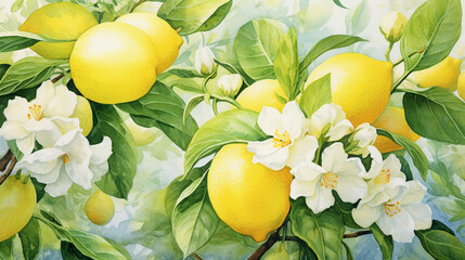 Aromatic Lemon Garden in Spring: The aromatic air in a blooming lemon garden, where bees buzz around flowers, ideal for images that highlight the interaction between agriculture and natural ecosystems